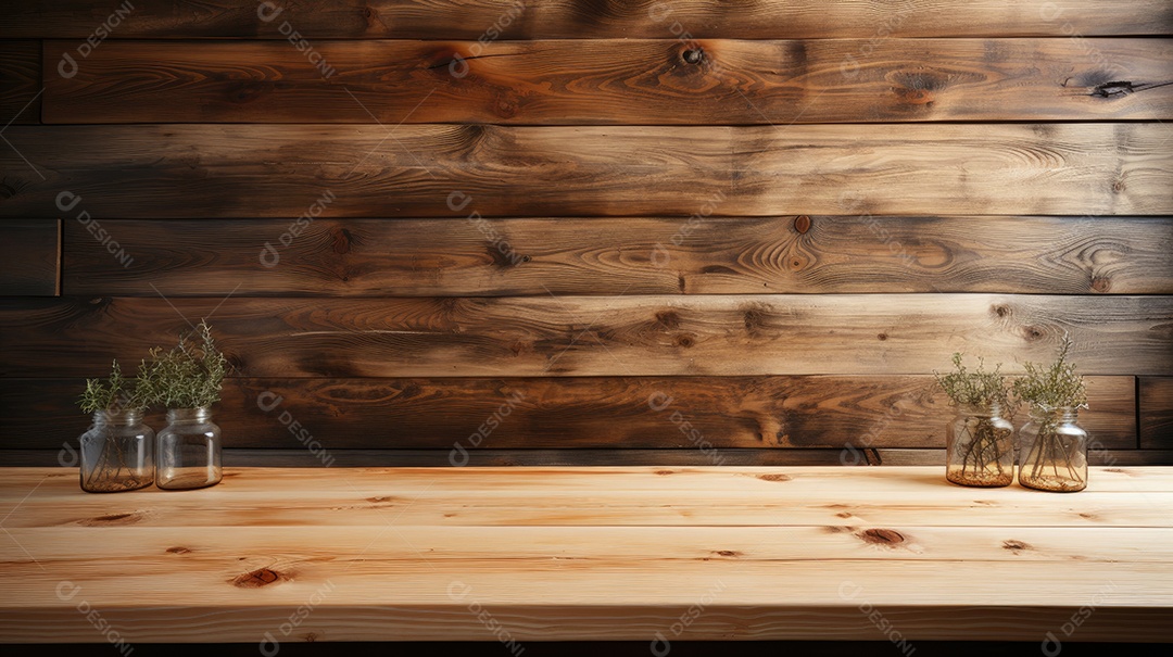 Mesa de madeira com vaso de flores