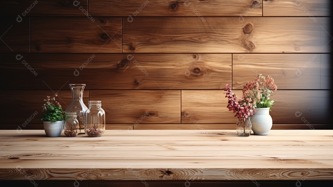 Mesa de madeira vaso com flores e fundo de parede de madeira