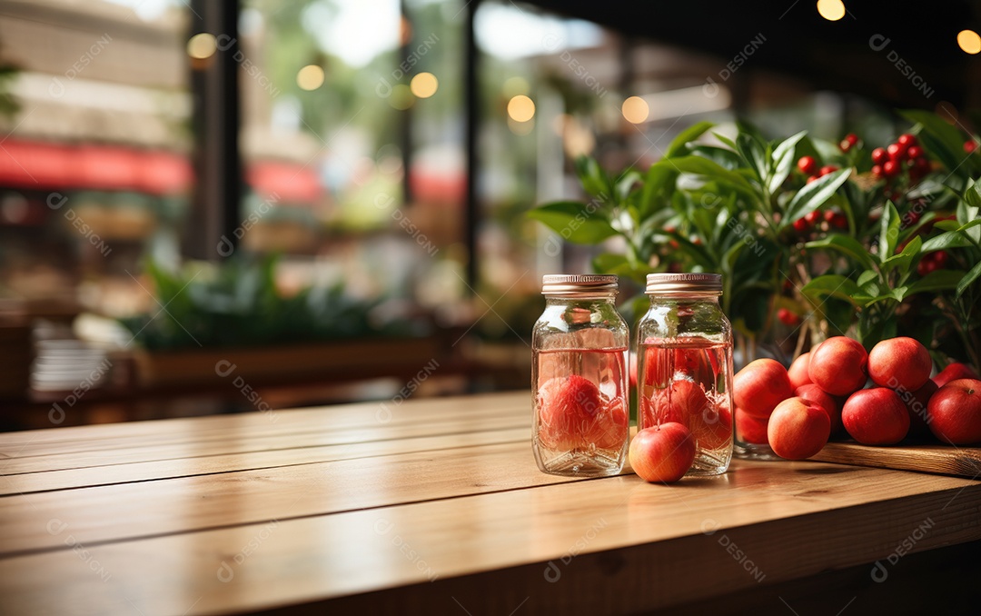 Mesa de madeira com potes de vidros e algumas maçãs