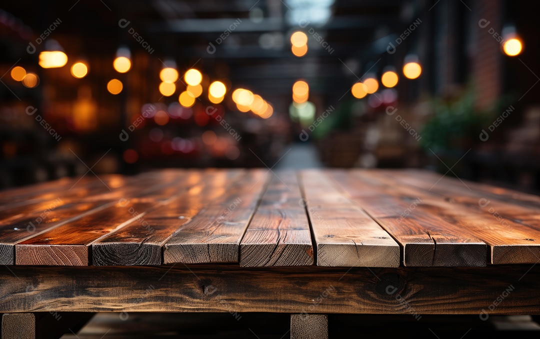 Mesa de madeira vazia e luzes bokeh turva fundo de café ao ar livre