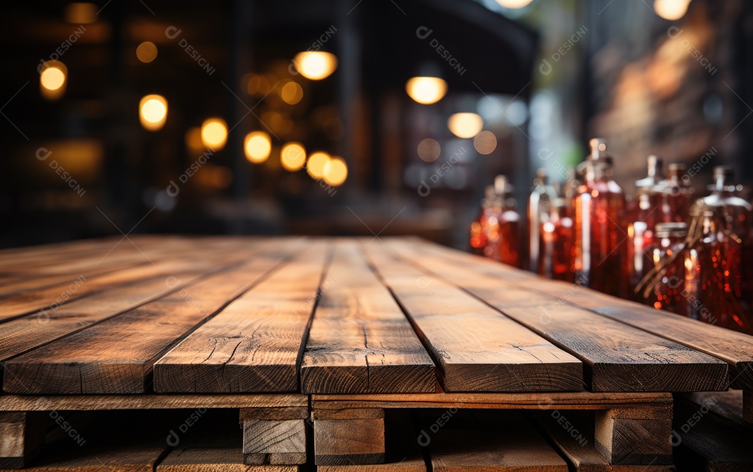 Mesa de madeira vazia e luzes bokeh turva fundo de café ao ar livre