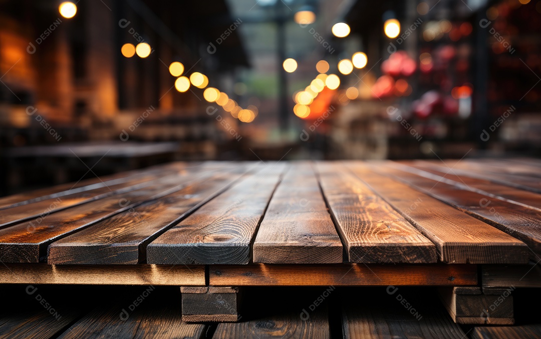 Mesa de madeira vazia e luzes bokeh turva fundo de café ao ar livre