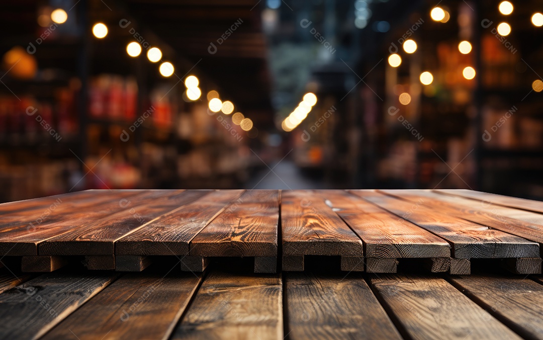 Mesa de madeira vazia e luzes bokeh turva fundo de café ao ar livre