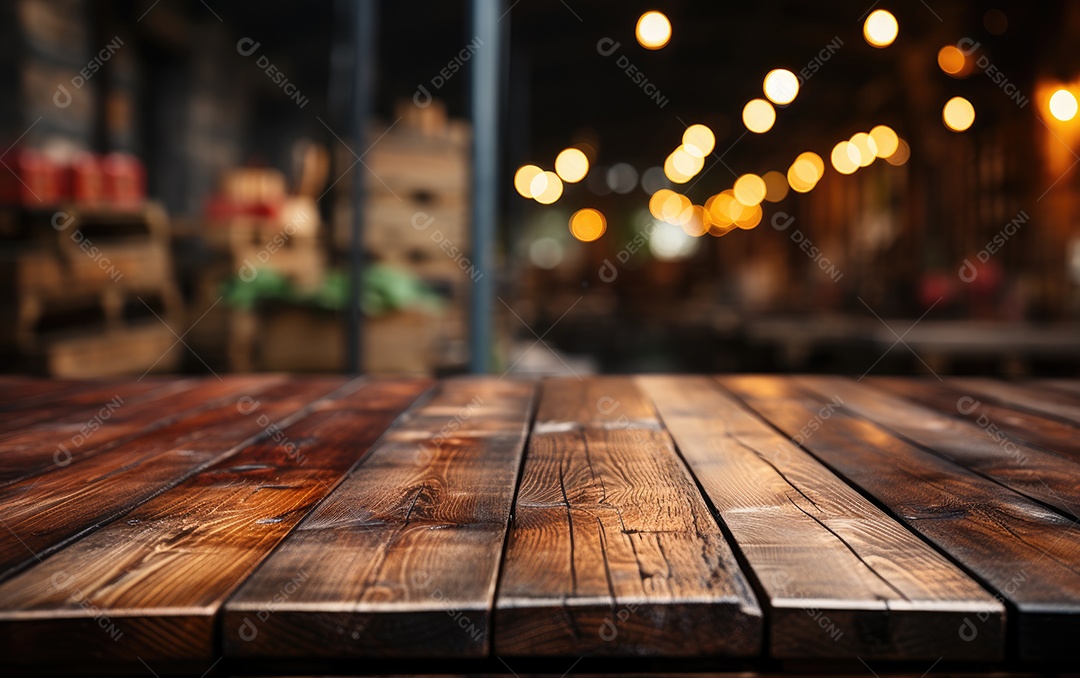 Mesa de madeira vazia e luzes bokeh turva fundo de café ao ar livre