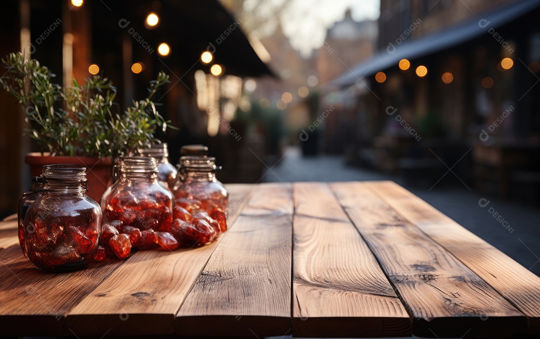 Mesa de madeira e luzes bokeh turva fundo de café ao ar livre