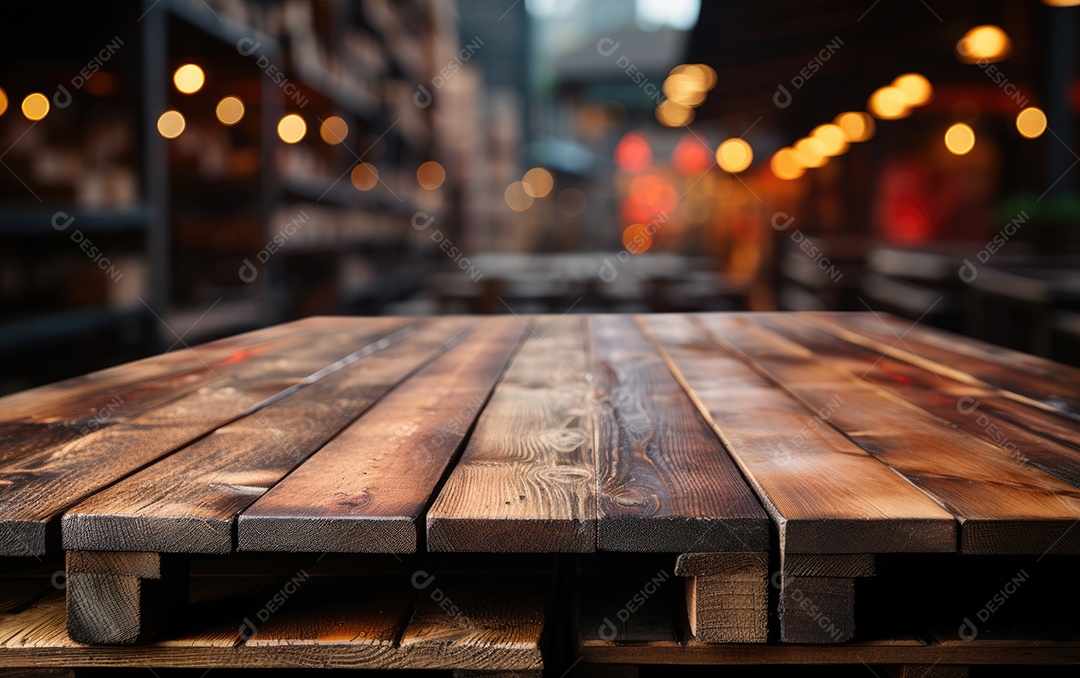 Mesa de madeira vazia e luzes bokeh turva fundo de café ao ar livre