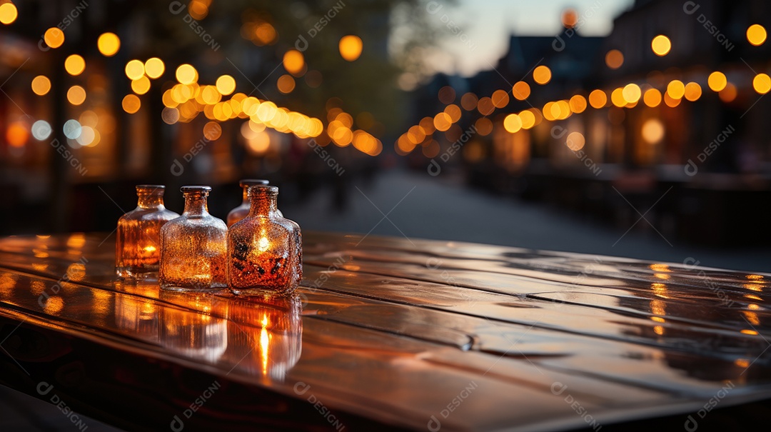 Mesa de madeira vazia e luzes bokeh turva fundo de café ao ar livre