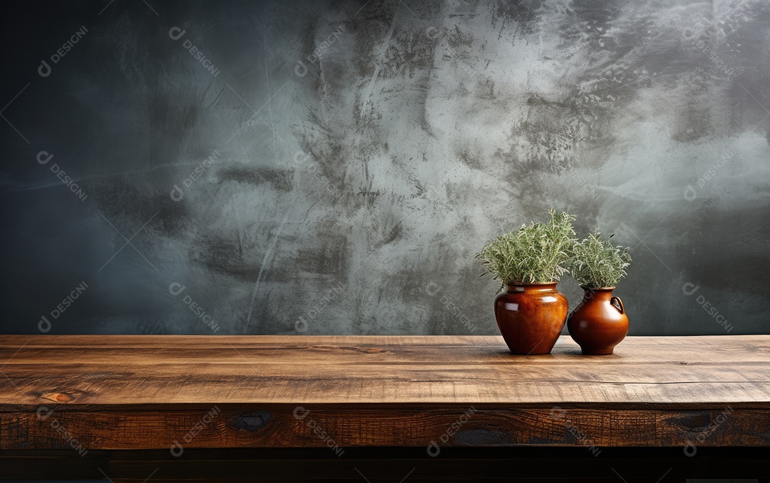 Mesa de madeira com jarros de planta sobre fundo cinza