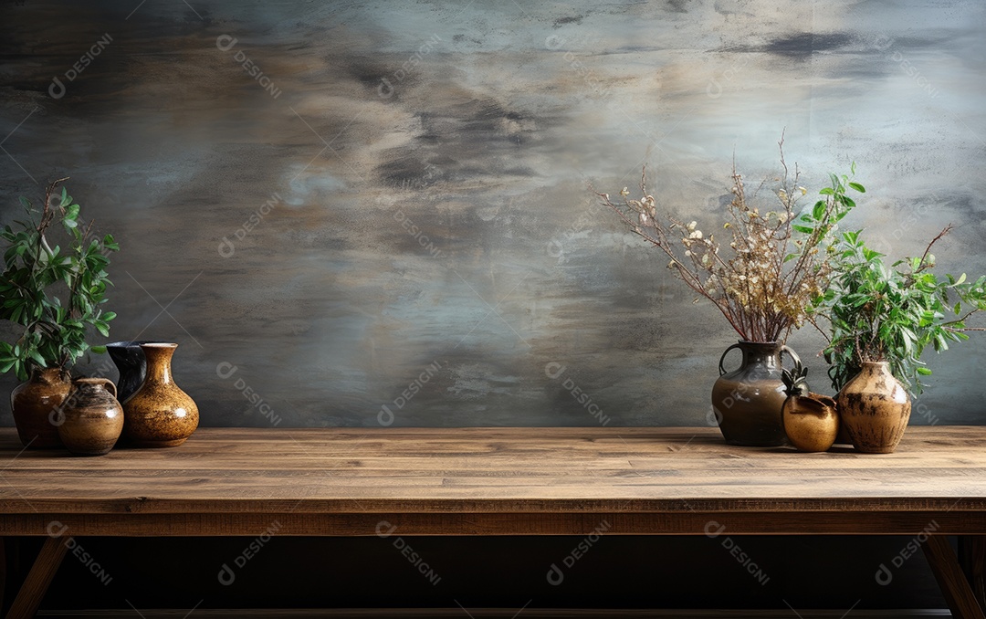 Mesa de madeira com jarros e plantas sobre fundo claro