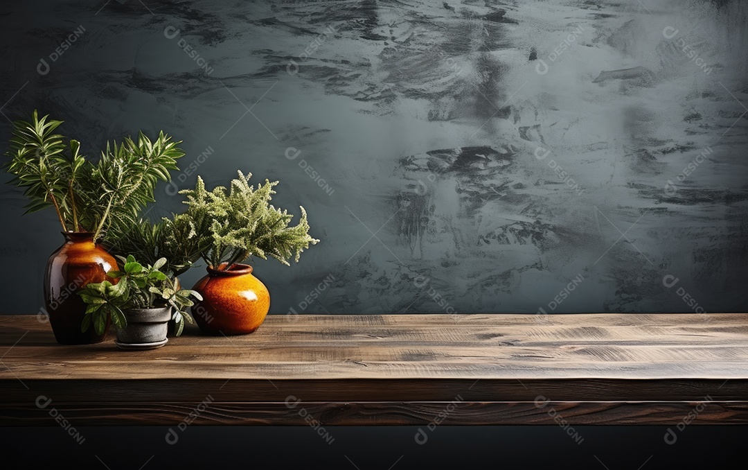 Mesa de madeira com jarros de plantas encima sobre fundo escuro