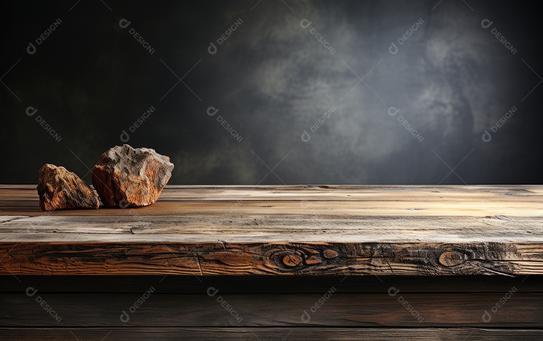 Mesa de madeira com pedras encima sobre fundo escuro