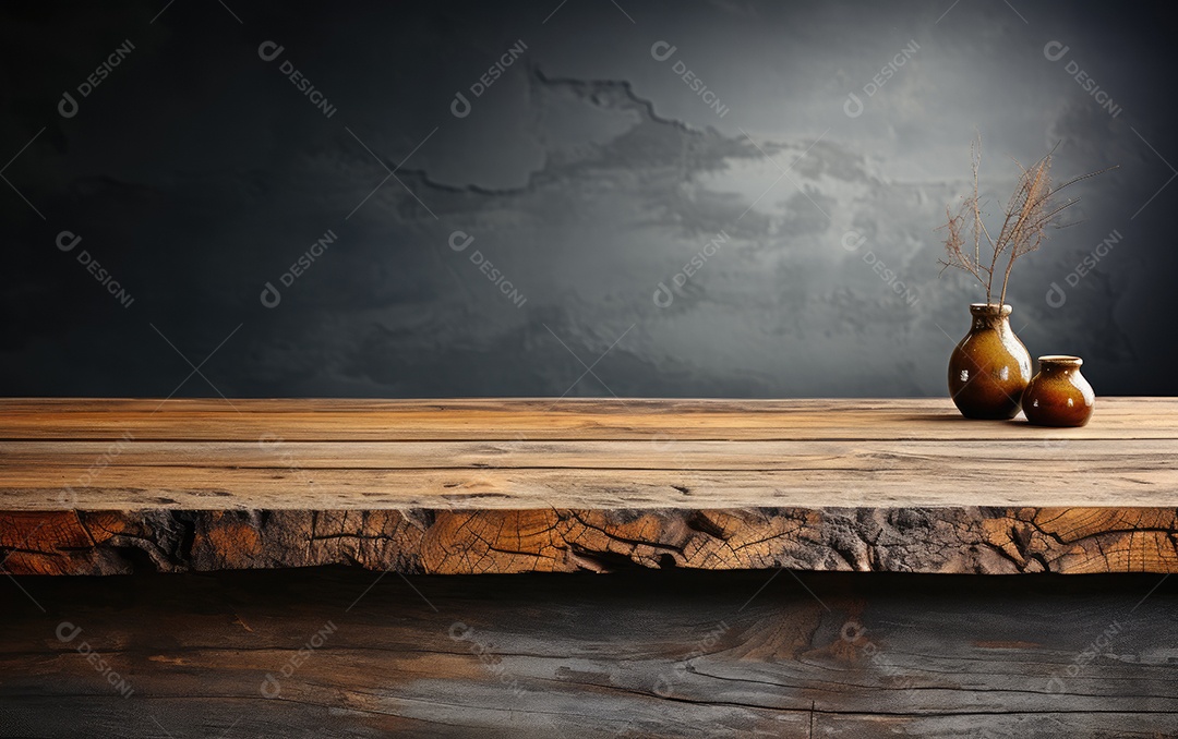 Mesa de madeira com jarrinhos encima sobre fundo escuro