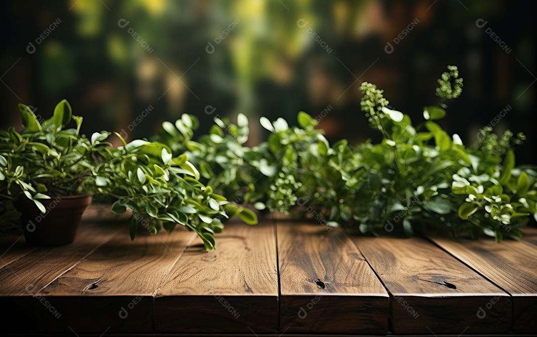 Mesa de madeira com jarros e plantas sobre fundo verde