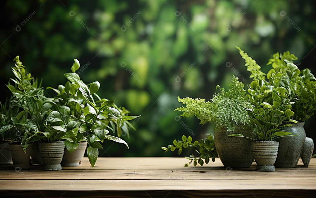 Mesa de madeira com jarros e plantas sobre fundo verde