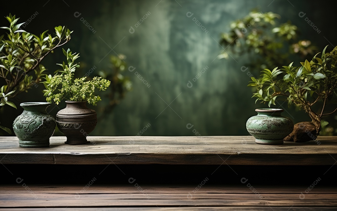 Mesa de madeira com jarros e plantas sobre fundo verde