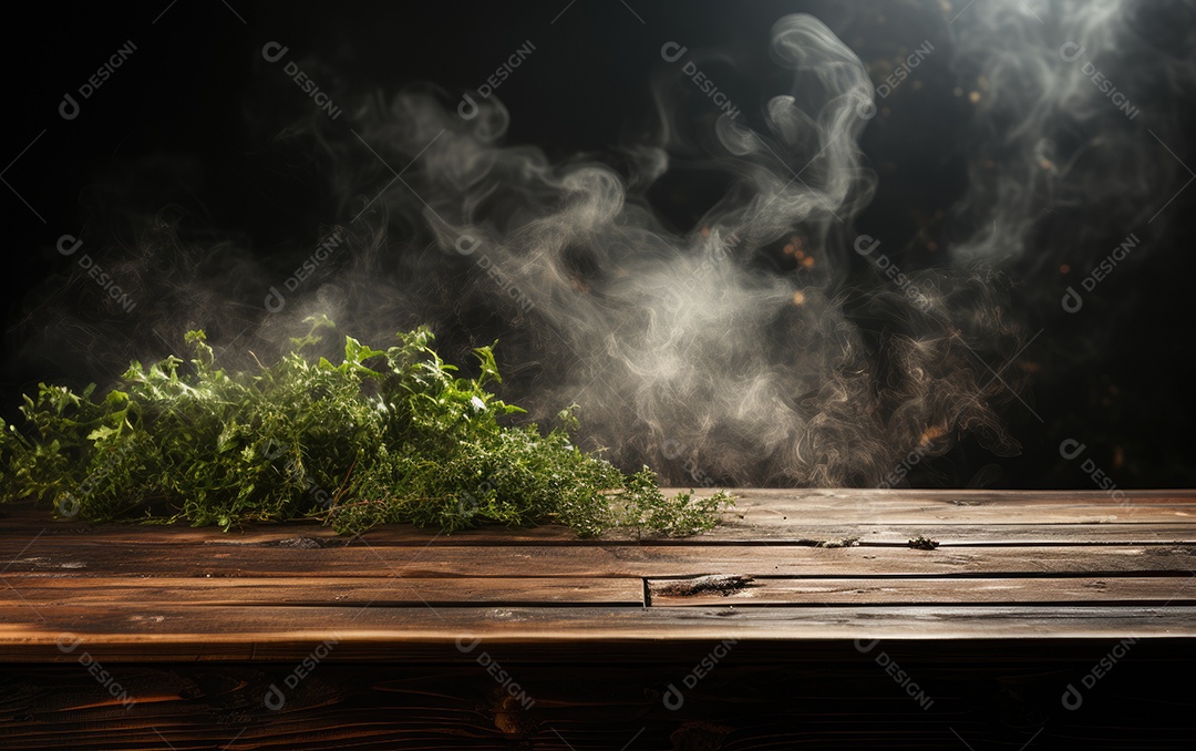 Mesa de madeira e fumaça em fundo preto