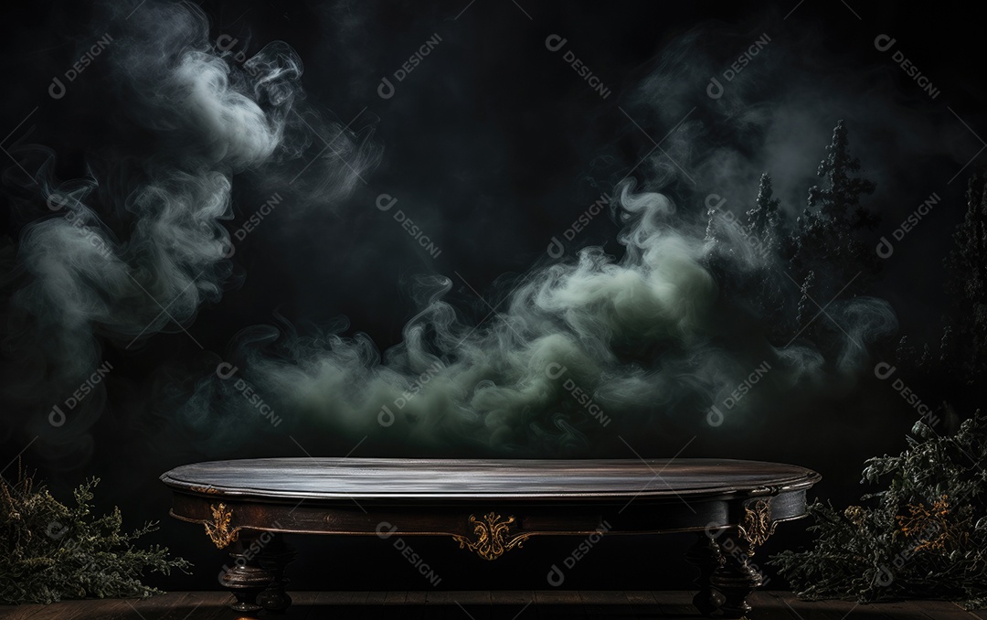 Mesa de madeira e fumaça em fundo preto