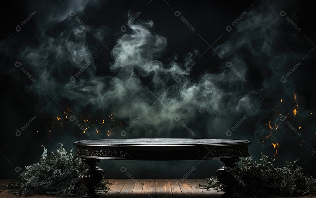 Mesa de madeira e fumaça em fundo preto