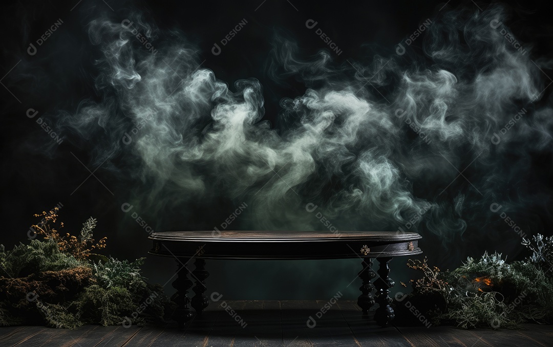 Mesa de madeira e fumaça em fundo preto