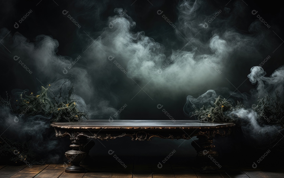 Mesa de madeira e fumaça em fundo preto