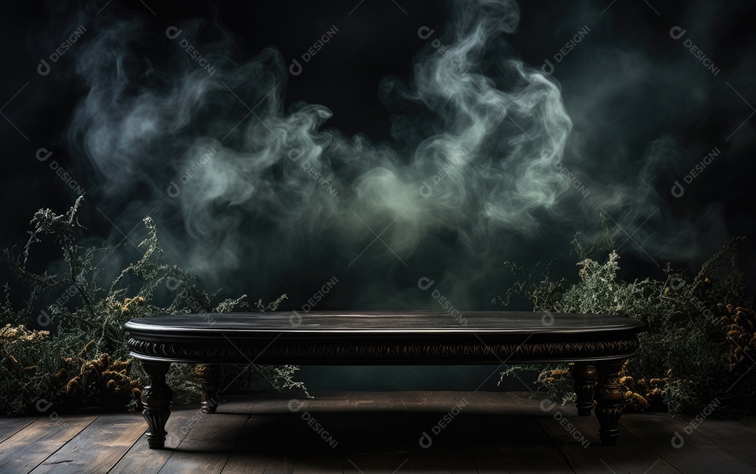 Mesa de madeira e fumaça em fundo preto