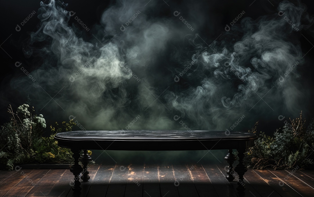 Mesa de madeira e fumaça em fundo preto