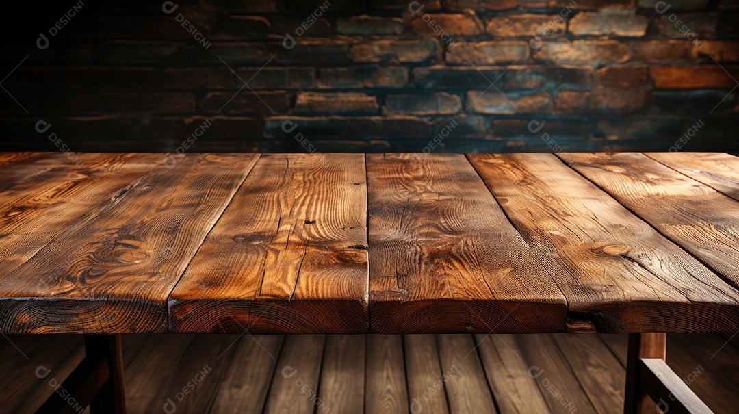 Mesa de madeira vazia e fundo de tijolos
