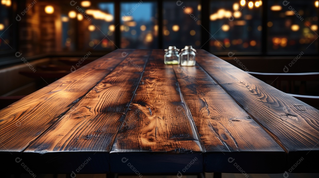 Mesa de madeira vazia e luzes no fundo