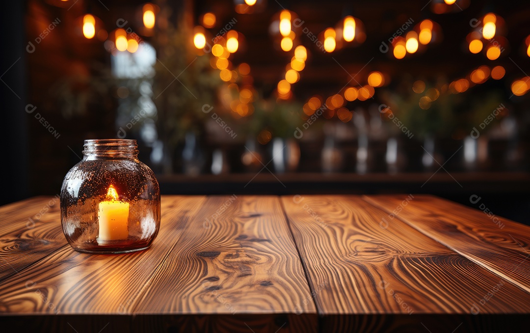 Mesa de madeira vazia e luzes no fundo