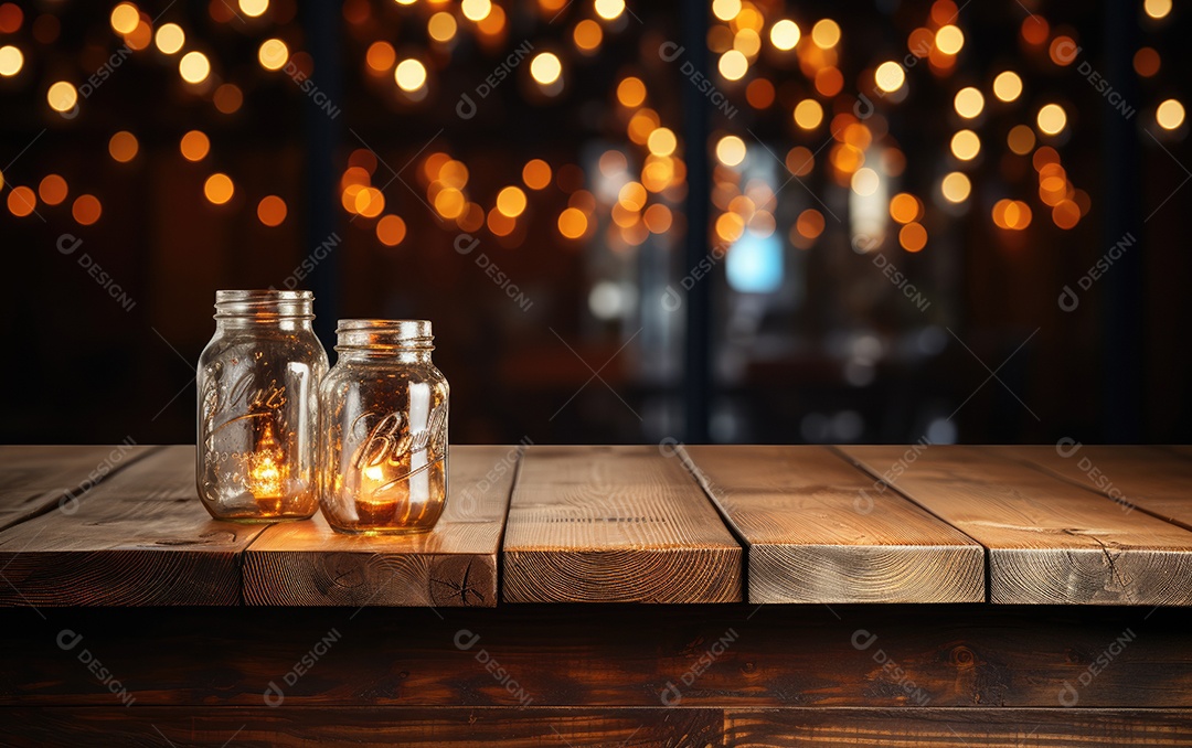 Mesa de madeira vazia e luzes no fundo