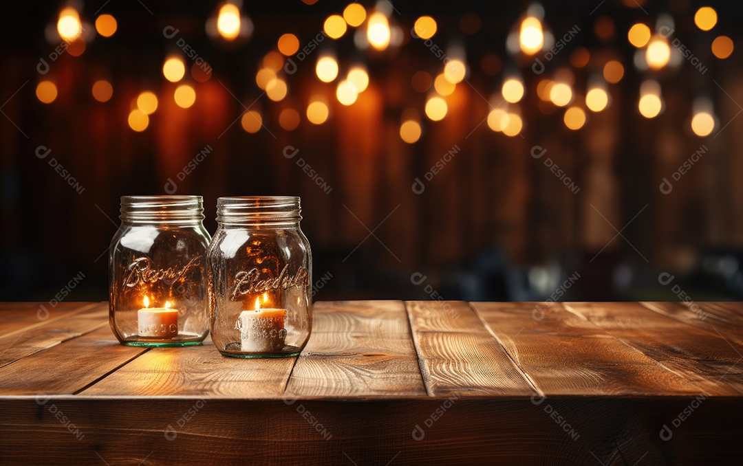 Mesa de madeira vazia e luzes no fundo