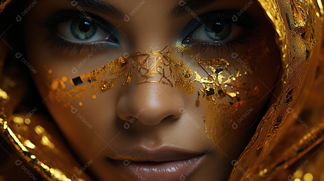 Uma mulher com maquiagem dourada e fundo dourado