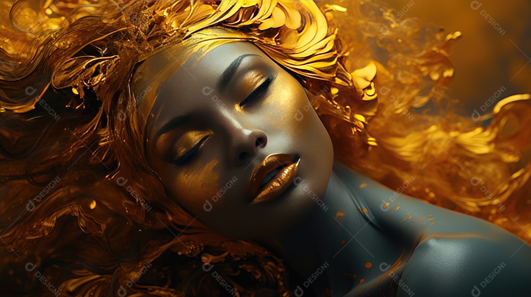 Uma mulher com maquiagem dourada e fundo dourado