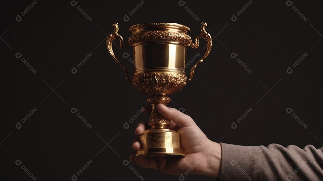 Mão segurando uma taça de troféu de ouro contra um fundo escuro