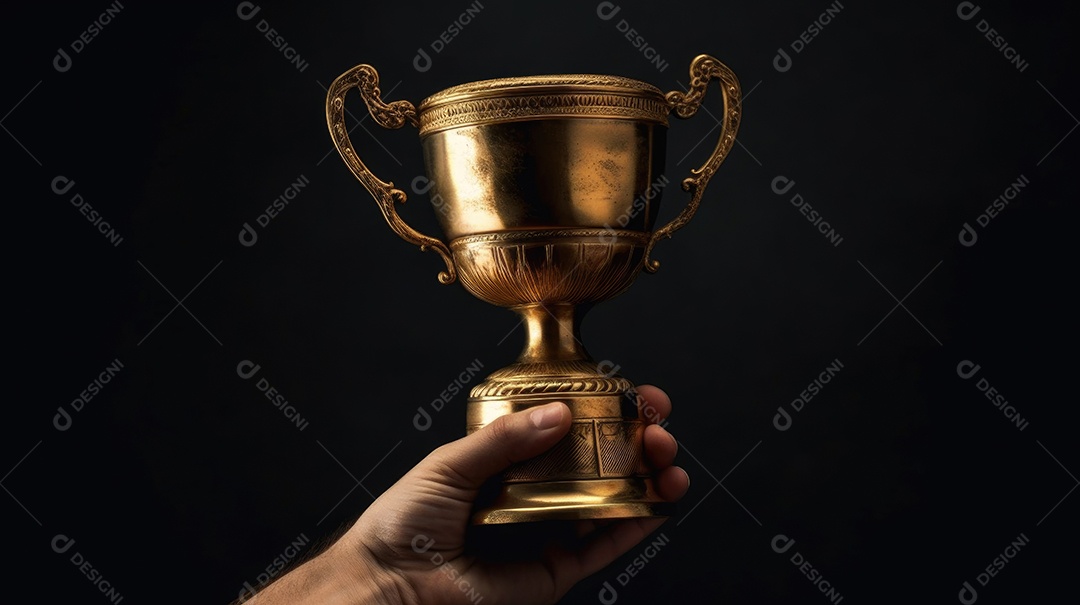 Mão segurando uma taça de troféu de ouro contra um fundo escuro