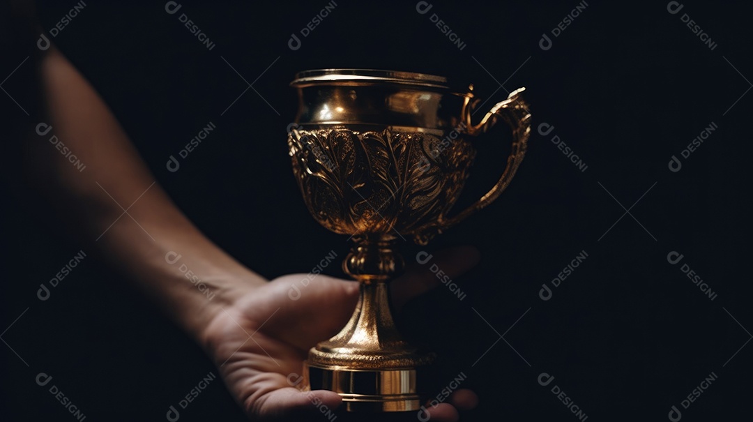 Mão segurando uma taça de troféu de ouro contra um fundo escuro