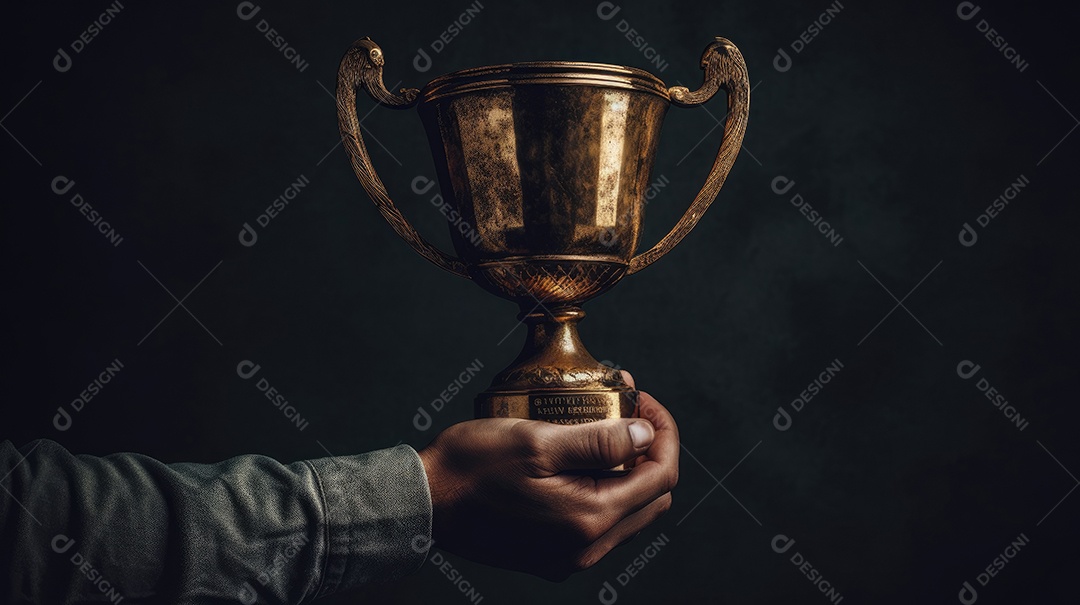 Mão segurando uma taça de troféu de ouro contra um fundo escuro