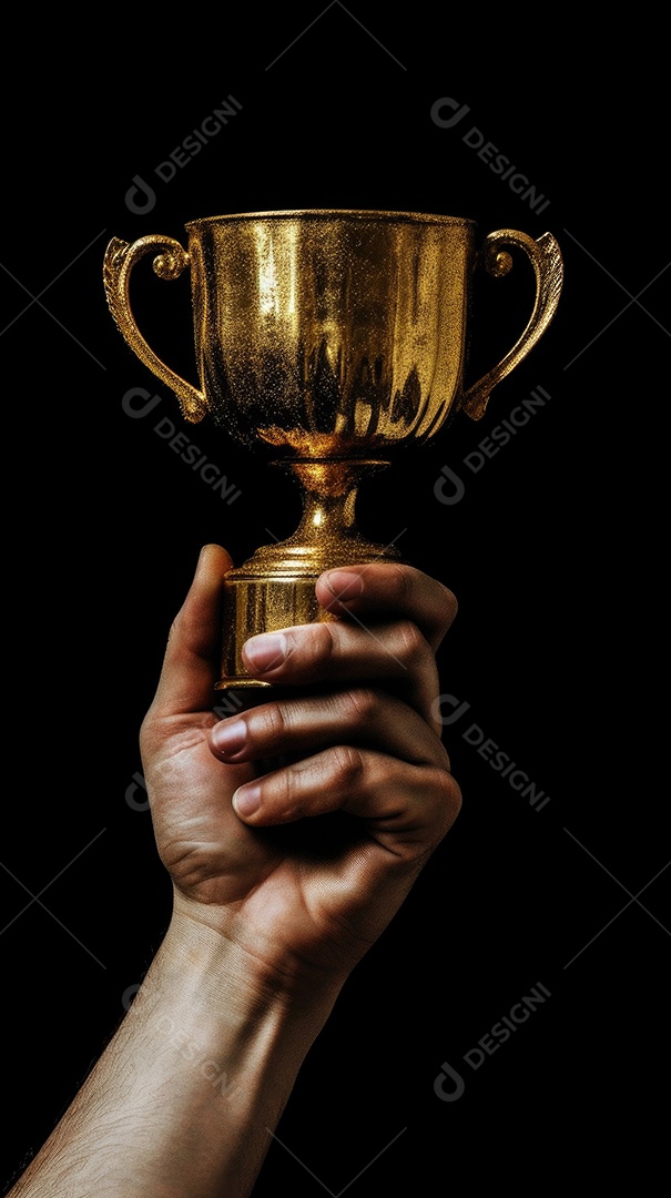 Mão segurando uma taça de troféu de ouro contra um fundo escuro