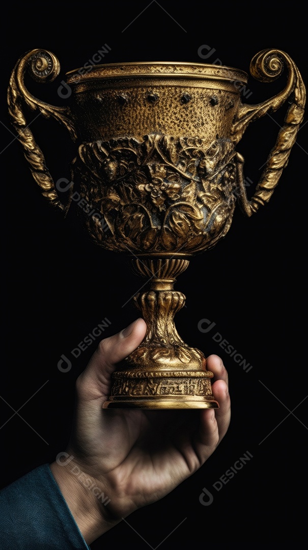 Mão segurando uma taça de troféu de ouro contra um fundo escuro