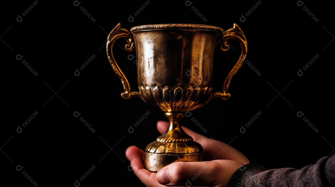 Mão segurando uma taça de troféu de ouro contra um fundo escuro