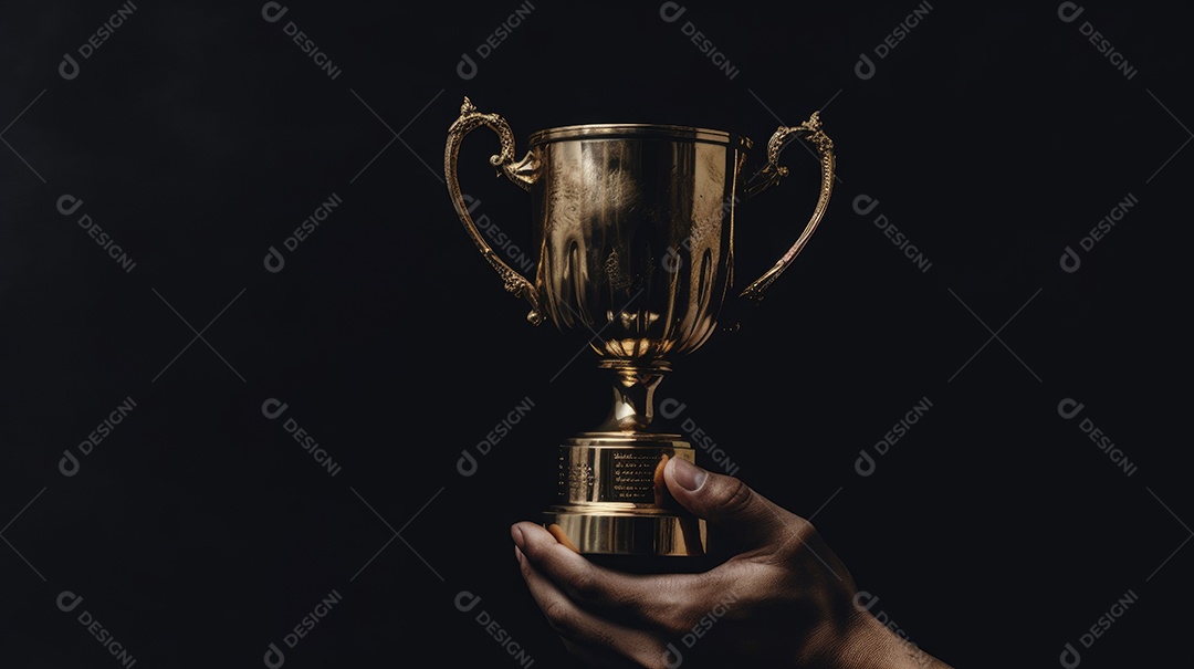 Mão segurando uma taça de troféu de ouro contra um fundo escuro