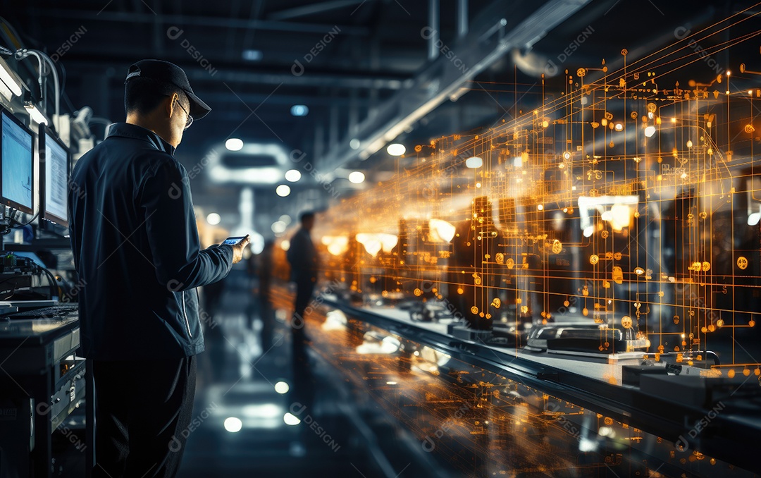 O interior da fábrica inteligente industrial futurista