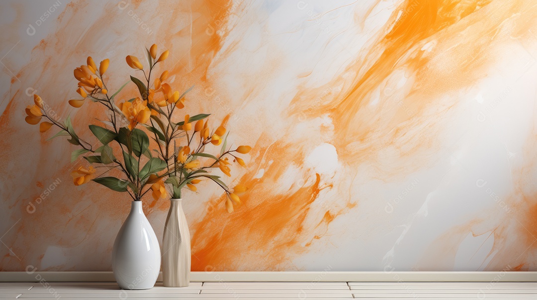 Fundo abstrato de pintura em aquarela laranja e jarro de planta