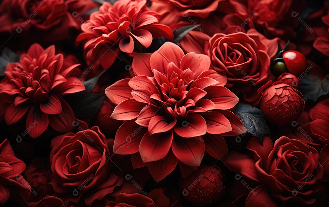 Fundo de flores Dahlia e rosas vermelhas