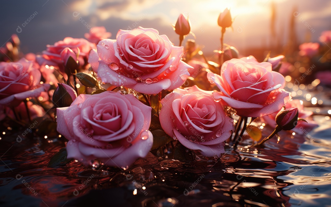 Flores rosas rosa sobre água