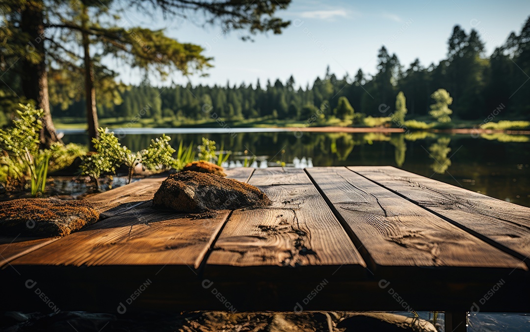 Mesa de madeira com vista para um rio lindo na natureza