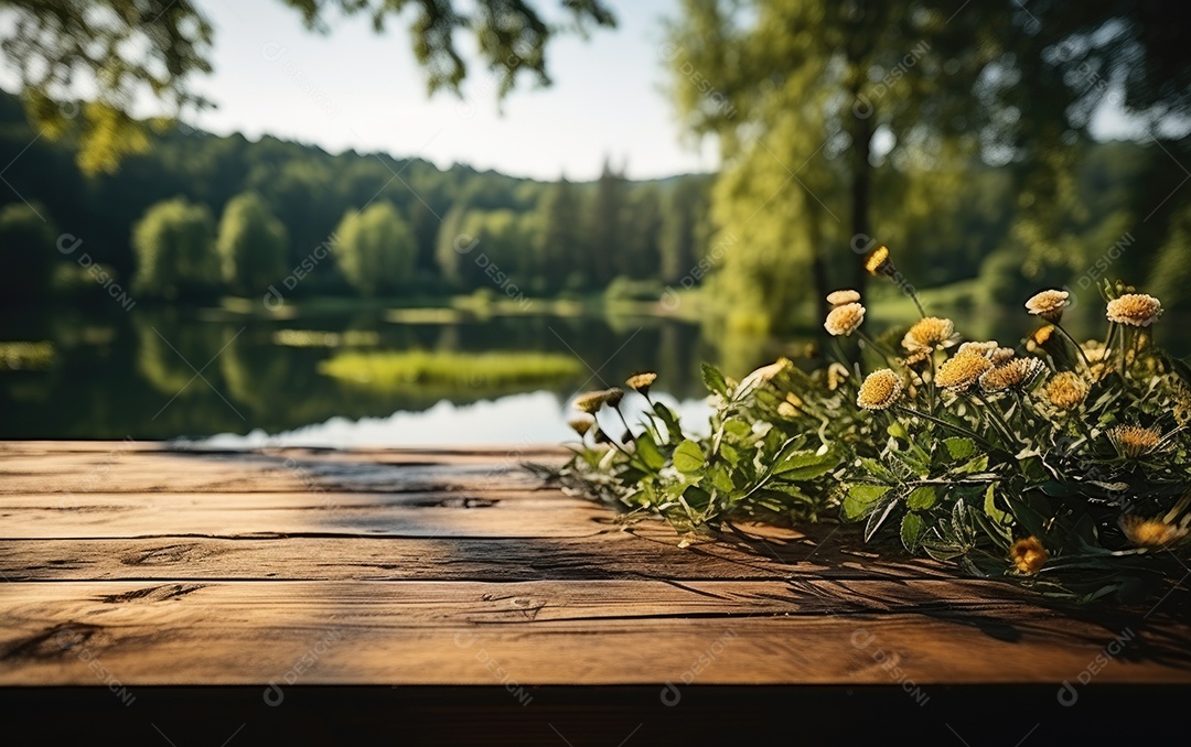 Mesa com flores encima e uma linda vista para um rio