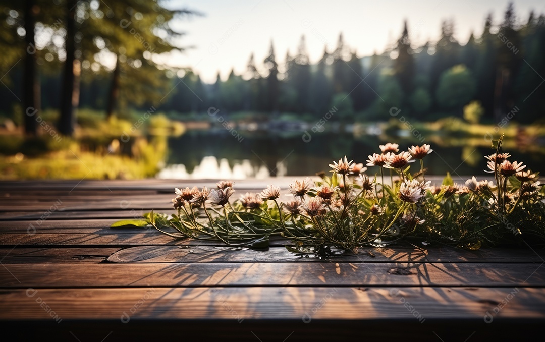 Mesa com algumas flores encima e um linda vista para o rio
