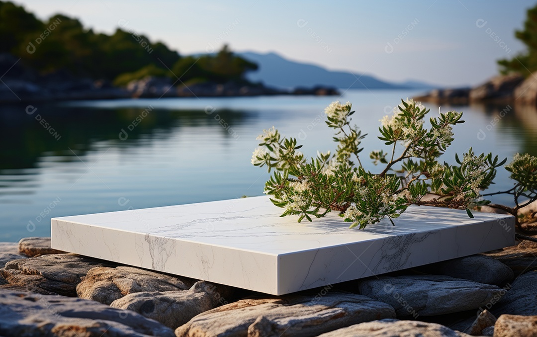 Pódio de mármore branco com vista para o mar no fundo.