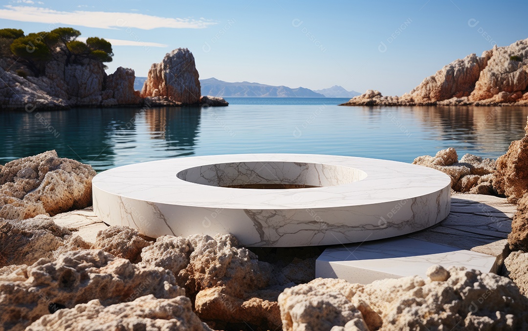 Pódio de mármore branco com vista para o mar no fundo.